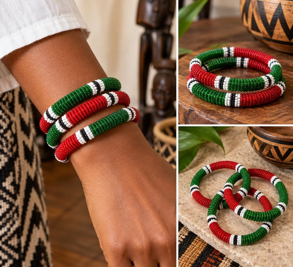 Maasai Beaded Bracelets Set of 3 Kenya Red Green Black White African Jewelry